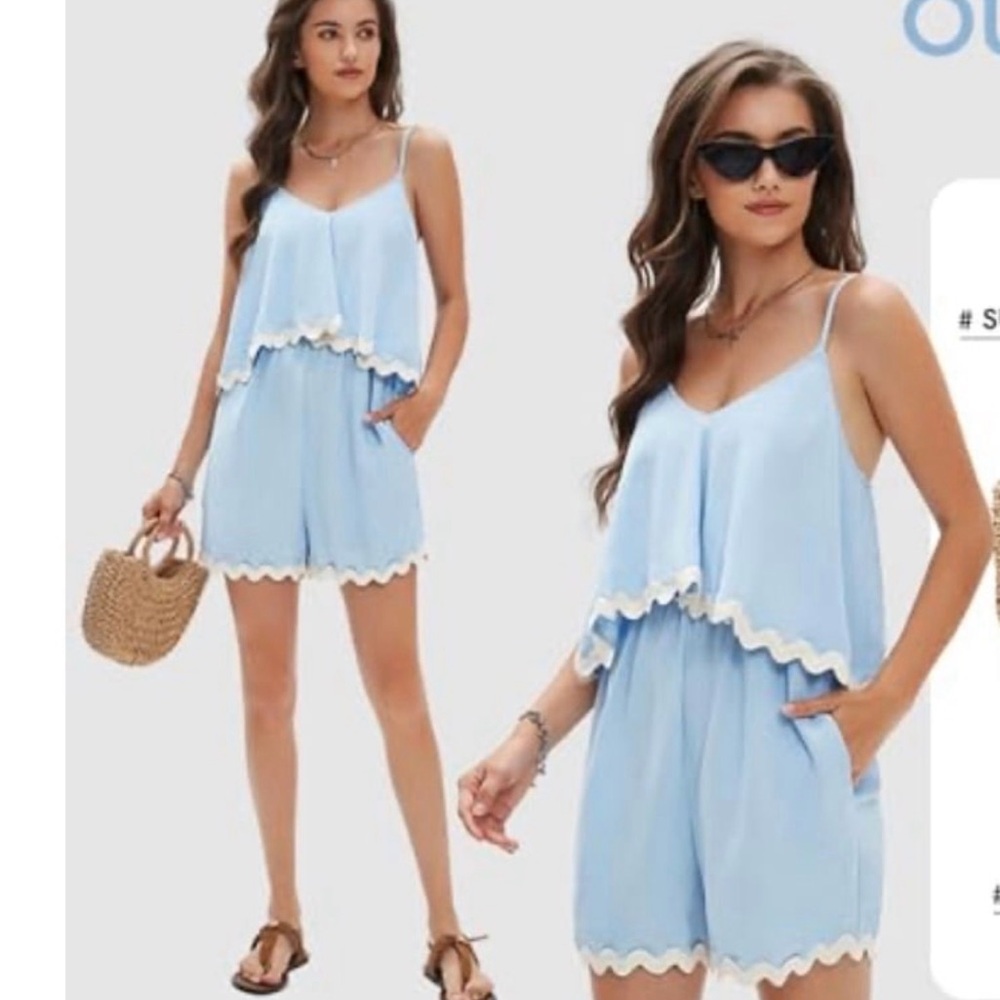 Light Blue Scalloped Trim Romper - Women's Jumpsuit
